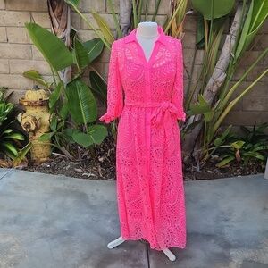 Lilly Pulitzer Amrita Maxi Shirt Dress Hot pink eyelet size 00 010634